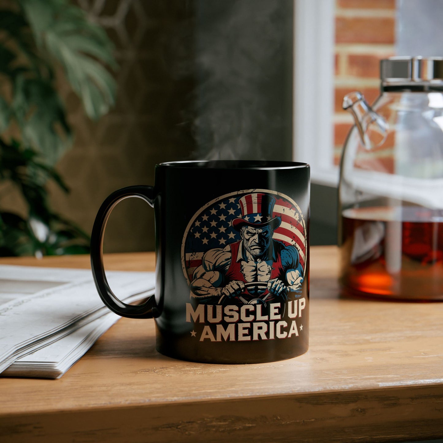 Patriotic Muscle Up America Mug - 11oz & 15oz Black Coffee Cup