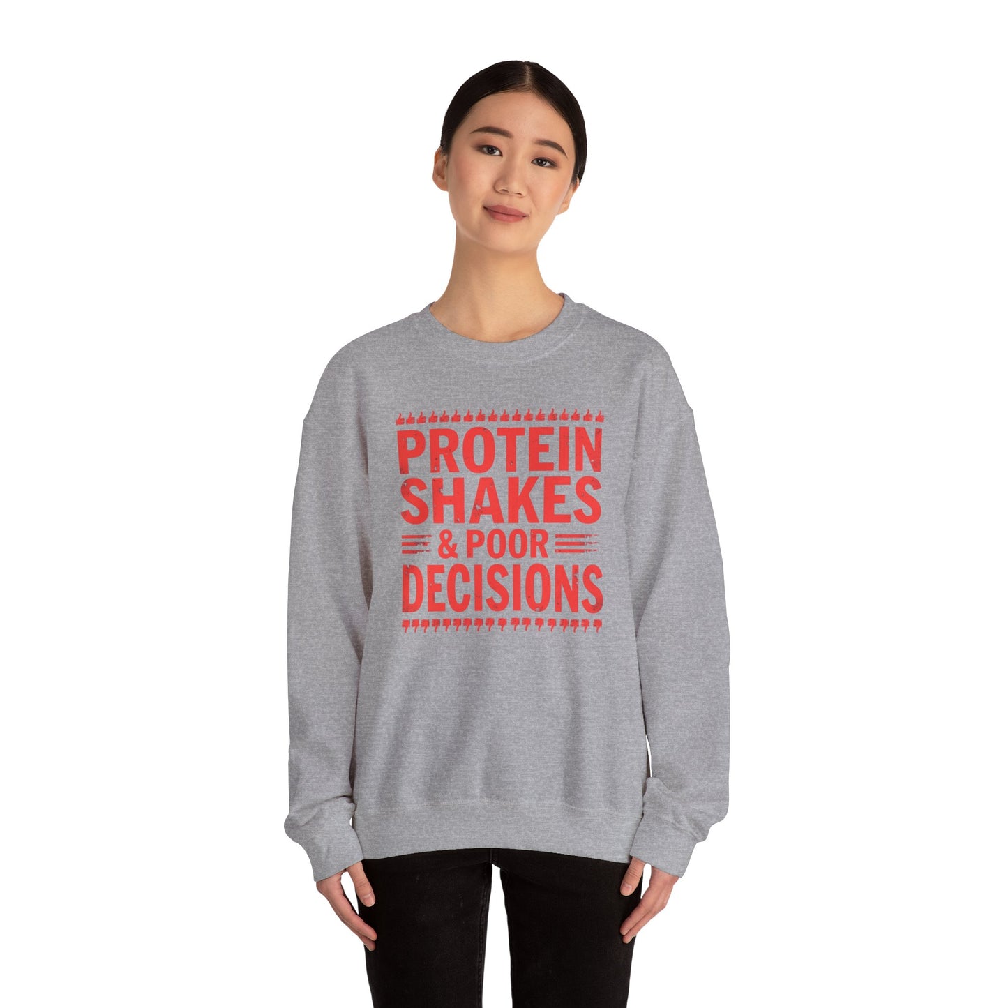 Protein Shakes & Poor Decisions Crewneck Sweatshirt, Funny Gym Sweatshirt, Workout Apparel, Fitness Gift, Casual Wear, Unisex Activewear