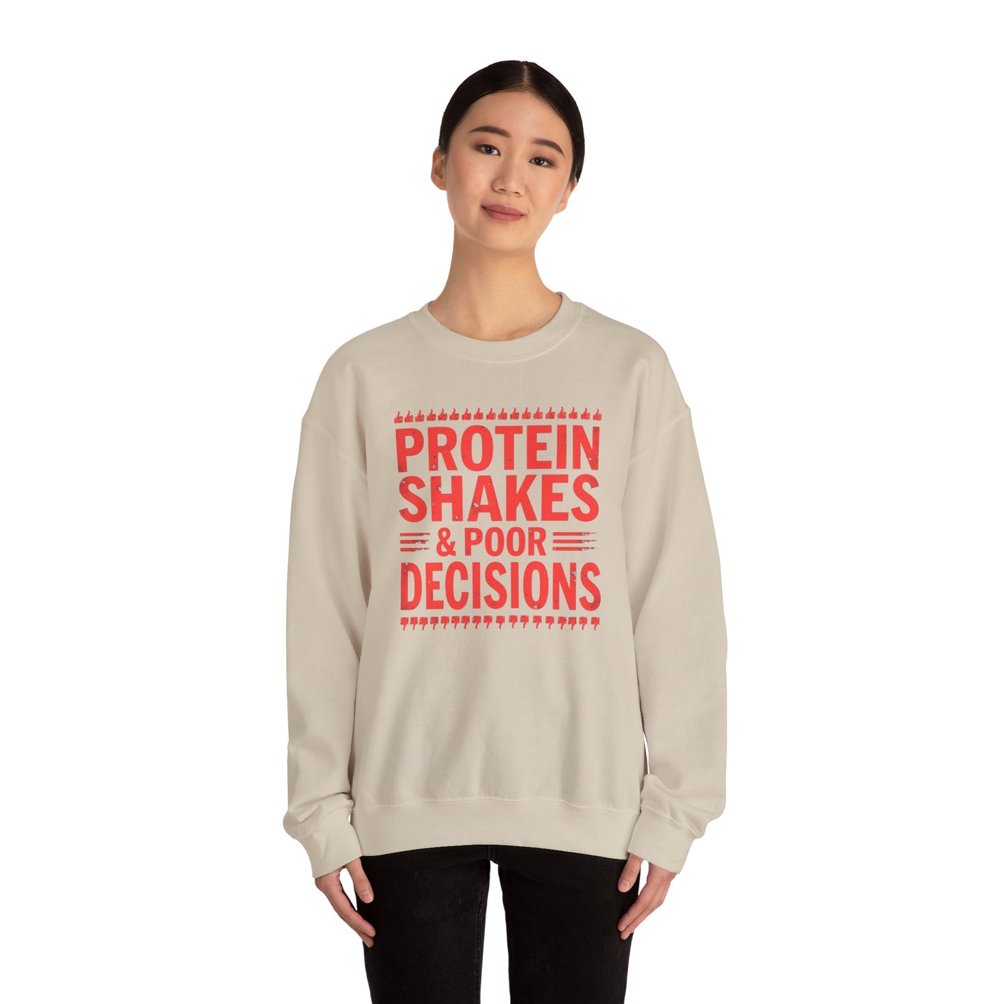 Protein Shakes & Poor Decisions Crewneck Sweatshirt, Funny Gym Sweatshirt, Workout Apparel, Fitness Gift, Casual Wear, Unisex Activewear