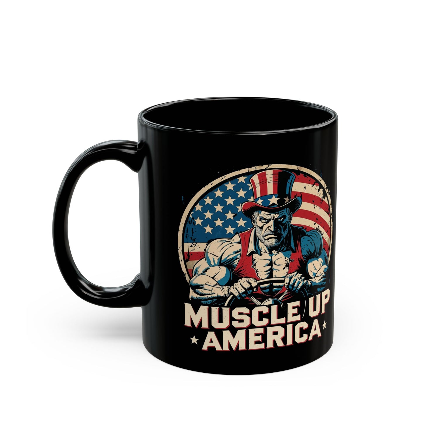 Patriotic Muscle Up America Mug - 11oz & 15oz Black Coffee Cup
