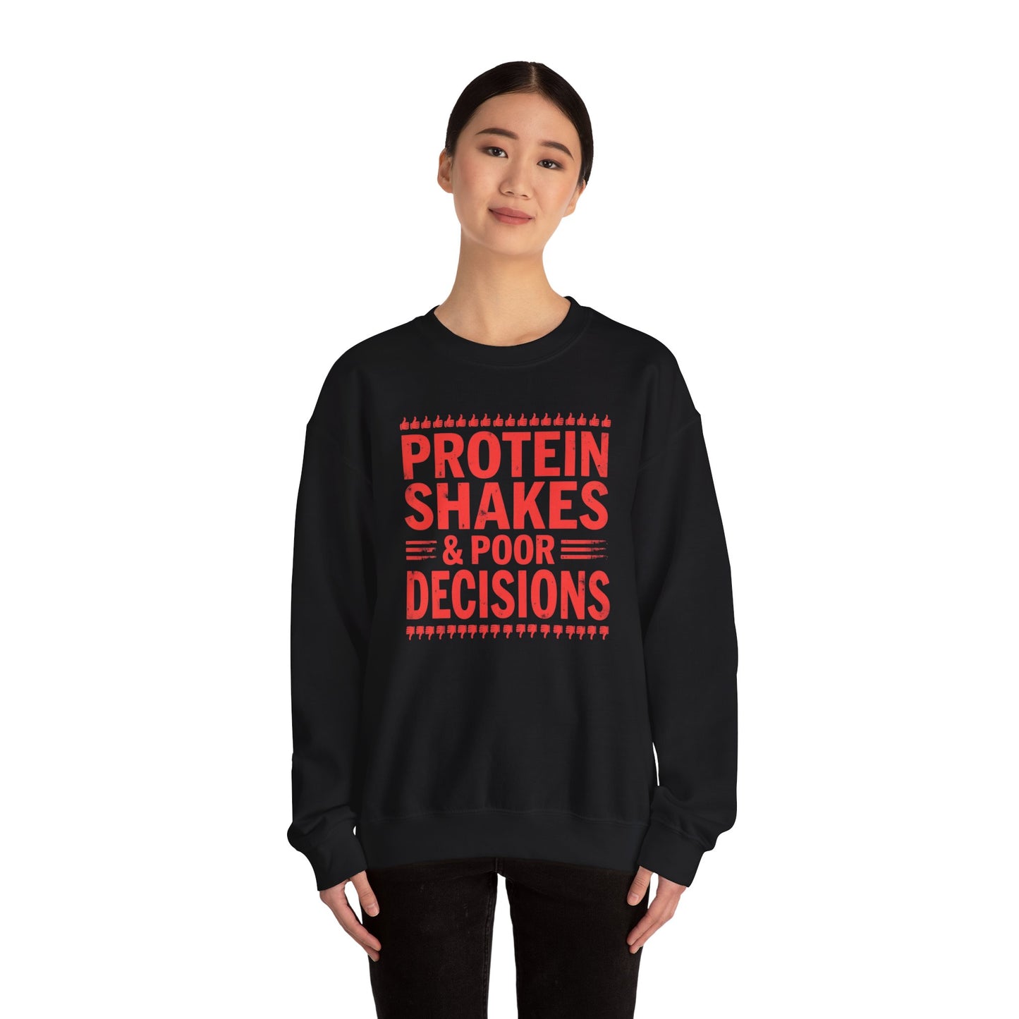 Protein Shakes & Poor Decisions Crewneck Sweatshirt, Funny Gym Sweatshirt, Workout Apparel, Fitness Gift, Casual Wear, Unisex Activewear