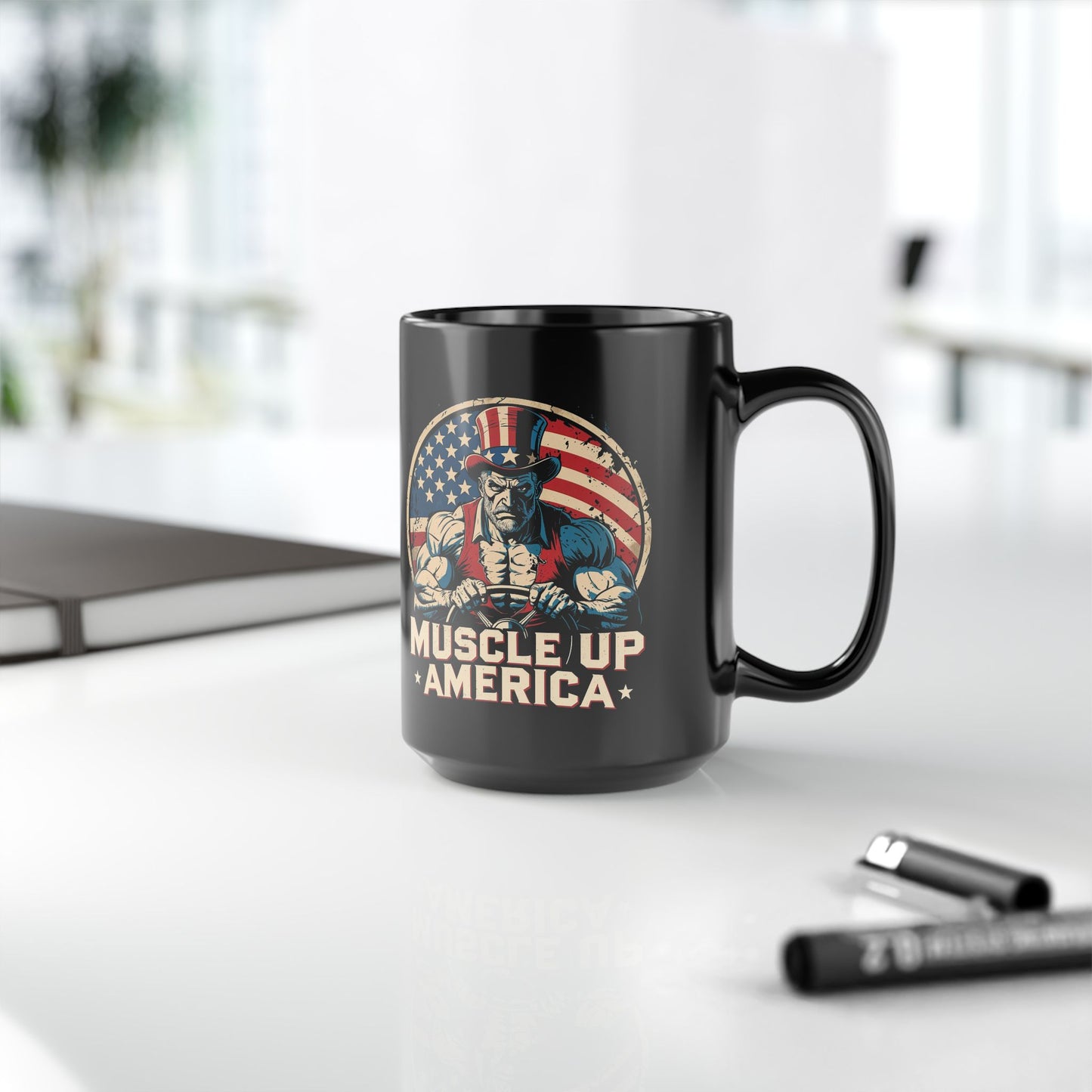 Patriotic Muscle Up America Mug - 11oz & 15oz Black Coffee Cup