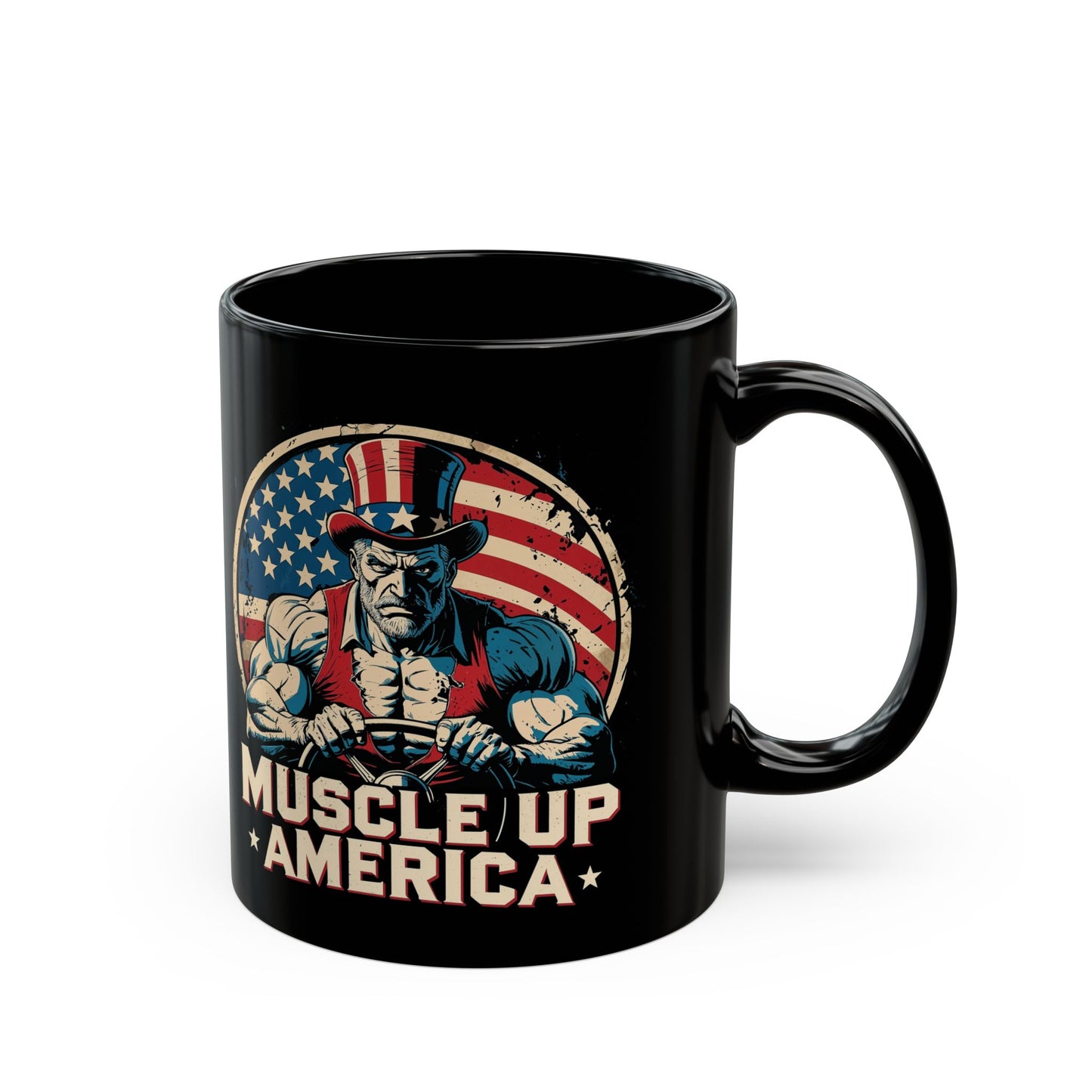 Patriotic Muscle Up America Mug - 11oz & 15oz Black Coffee Cup